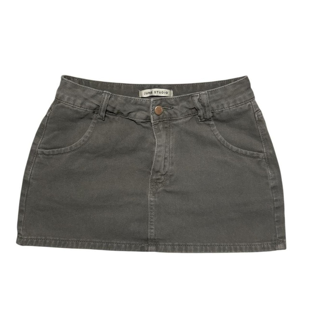 June Studio Y2K Olive Washed Denim Micro Mini Skirt Low Rise Utility Washed